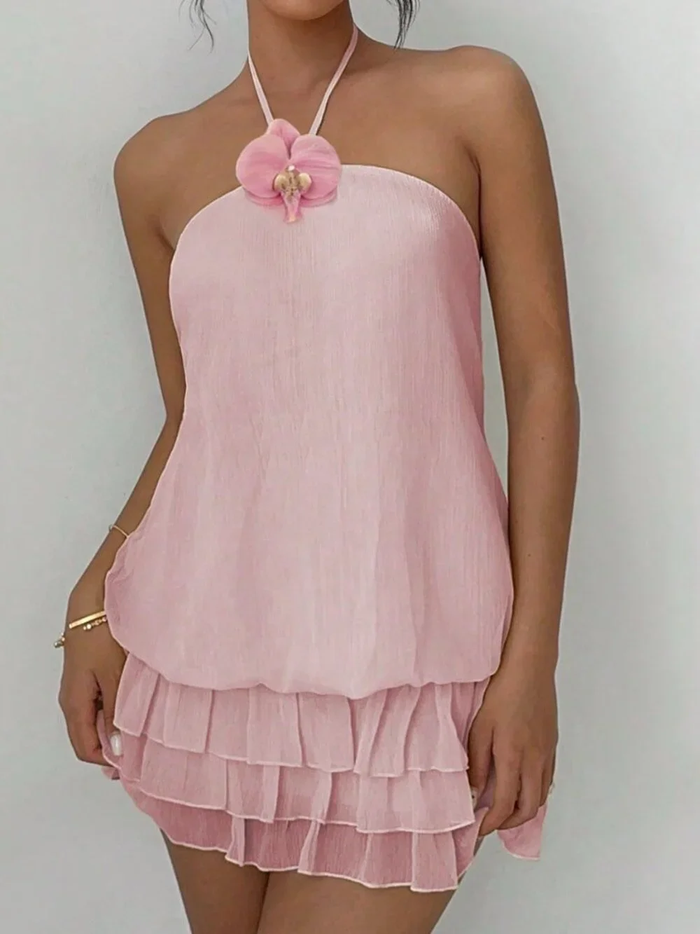 Baby Pink Casual Women's Low-Waist Backless Ruffle Hem Mini Dress - Picture 6 of 8